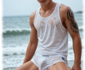 Twink kniet am Strand, nasses T-Shirt, fordernde Wölbung im nassem Slipp lässt Lustkelch erkennen. Twink kniet am Strand, nasses T-Shirt, fordernde Wölbung im nassem Slipp lässt Lustkelch erkennen.