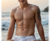 Twink sitzt breitbeinig am Strand, nasser Slipp lässt das Juwel der Liebe erkennen. Twink sitzt breitbeinig am Strand, nasser Slipp lässt das Juwel der Liebe erkennen.