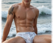 Twink sitzt breitbeinig am Strand, nasser Slipp wölbt sich, Quellperlen und Funke des Eros zeichnen sich ab. Twink sitzt breitbeinig am Strand, nasser Slipp wölbt sich, Quellperlen und Funke des Eros zeichnen sich ab.