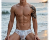 Twink kniet am Strand, geformte Stelle im nassen Slip lässt Knospenfeder erkennen. Twink kniet am Strand, geformte Stelle im nassen Slip lässt Knospenfeder erkennen.