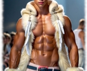 Twink auf Laufsteg, Fell über nacktem Oberkörper, Shorts spannen sich über seine Rundung. Twink auf Laufsteg, Fell über nacktem Oberkörper, Shorts spannen sich über seine Rundung.