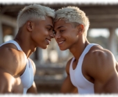 Zwei Blondschöpfe mit muskulösen Oberarmen sitzen sich Kopf an Kopf gegenüber. Zwei Blondschöpfe mit muskulösen Oberarmen sitzen sich Kopf an Kopf gegenüber.