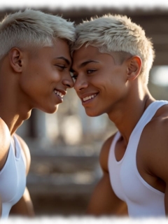 Zwei Blondschöpfe mit muskulösen Oberarmen sitzen sich Kopf an Kopf gegenüber. Zwei Blondschöpfe mit muskulösen Oberarmen sitzen sich Kopf an Kopf gegenüber.