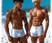 Zwei Twinks leicht gegenüber stehend, weiße Hosen trägen eine markante Wölbung. Zwei Twinks leicht gegenüber stehend, weiße Hosen trägen eine markante Wölbung.