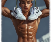 Blond und sportlich, Twink hebt Turnschuhe in die Luft. Blond und sportlich, Twink hebt Turnschuhe in die Luft.