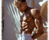 Dunkelhäutiger Twink im Profil, muskulöser Körper mit Sixpack. Dunkelhäutiger Twink im Profil, muskulöser Körper mit Sixpack.