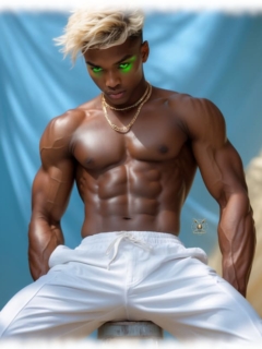 Dunkelhäutiger Twink im Sitzen, weiße Hose verhüllt die Rosenranke der Leidenschaft. Dunkelhäutiger Twink im Sitzen, weiße Hose verhüllt die Rosenranke der Leidenschaft.