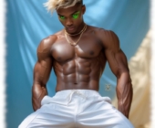 Dunkelhäutiger Twink im Sitzen, weiße Hose verhüllt die Rosenranke der Leidenschaft. Dunkelhäutiger Twink im Sitzen, weiße Hose verhüllt die Rosenranke der Leidenschaft.