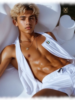 Blonder Twink liegend, offene Weste, Shorts verdecken die Feder der Sinnlichkeit. Blonder Twink liegend, offene Weste, Shorts verdecken die Feder der Sinnlichkeit.
