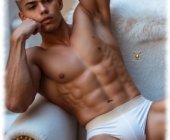 Golden Boy liegend im Sessel, Shorts schmiegen sich eng um eine provokante Rundung. Golden Boy liegend im Sessel, Shorts schmiegen sich eng um eine provokante Rundung.