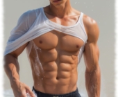 Sportlicher Blondschopf im Sommer, Tuch um den Hüften bedecken Shorts leicht. Sportlicher Blondschopf im Sommer, Tuch um den Hüften bedecken Shorts leicht.