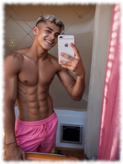 Durchtrainierter Blondschopf mit pinkfarbenen Shorts hält Smartphone in der Hand. Durchtrainierter Blondschopf mit pinkfarbenen Shorts hält Smartphone in der Hand.