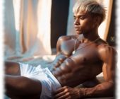 Liegender dunkelhäutiger Twink mit weißer Hose im Seitenprofil. Liegender dunkelhäutiger Twink mit weißer Hose im Seitenprofil.