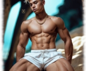 Muskulöser Blondschopf sitzt breitbeinig, die Shorts trägt eine leichte drängende Erhebung. Muskulöser Blondschopf sitzt breitbeinig, die Shorts trägt eine leichte drängende Erhebung.