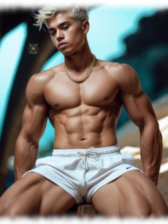 Muskulöser Blondschopf sitzt breitbeinig, die Shorts trägt eine leichte drängende Erhebung. Muskulöser Blondschopf sitzt breitbeinig, die Shorts trägt eine leichte drängende Erhebung.