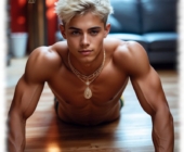 Liegender blonder Twink, auf Arme gestützt blickt in die Kamera. Liegender blonder Twink, auf Arme gestützt blickt in die Kamera.