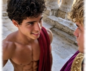 Zwei junge Adelige mit Toga lächelnd im Säulengang sich gegenüber stehend. Zwei junge Adelige mit Toga lächelnd im Säulengang sich gegenüber stehend.