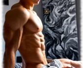 Muskulöser Twink seitlich auf Hotel-Bett abstützend, geöffnete Hose gibt Weg für Funke des Eros frei. Muskulöser Twink seitlich auf Hotel-Bett abstützend, geöffnete Hose gibt Weg für Funke des Eros frei.