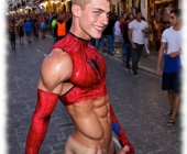 Blonder Twink im Spiderman-Kostüm, aufgerichtete Flamme des Verlangens im Profil. Blonder Twink im Spiderman-Kostüm, aufgerichtete Flamme des Verlangens im Profil.