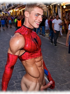 Blonder Twink im Spiderman-Kostüm, aufgerichtete Flamme des Verlangens im Profil. Blonder Twink im Spiderman-Kostüm, aufgerichtete Flamme des Verlangens im Profil.