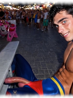 Twink sitzend beim Straßen-Karneval, gebogene Rosenranke der Leidenschaft und Lustmandeln hängen aus der Hose. Twink sitzend beim Straßen-Karneval, gebogene Rosenranke der Leidenschaft und Lustmandeln hängen aus der Hose.