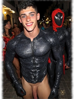 Twink in Schlangenhaut beim Straßen-Karneval, rasiertes Juwel der Liebe sichtbar. Twink in Schlangenhaut beim Straßen-Karneval, rasiertes Juwel der Liebe sichtbar.