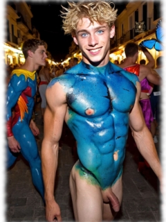Blonder Twink, blau angemalt beim Straßen-Karneval, rasiertes Juwel der Liebe sichtbar. Blonder Twink, blau angemalt beim Straßen-Karneval, rasiertes Juwel der Liebe sichtbar.