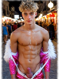 Blonder Twink in pinkem Fell-Kostüm, Lustkelch und Glücksperlen durch Shorts nach oben gedrückt. Blonder Twink in pinkem Fell-Kostüm, Lustkelch und Glücksperlen durch Shorts nach oben gedrückt.