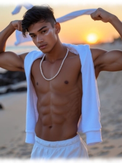 Twink am Strand stehend. Hände über dem Kopf, freier Oberkörper. Twink am Strand stehend. Hände über dem Kopf, freier Oberkörper.