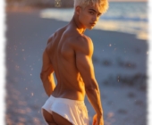 Blonder Twink am Strand stehend. Short bedeckt nur den halben Po. Blonder Twink am Strand stehend. Short bedeckt nur den halben Po.