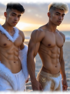 Zwei Twinks im Karnevals-Kostüm am Strand stehend. Leichte Wölbungen deuten sich an. Zwei Twinks im Karnevals-Kostüm am Strand stehend. Leichte Wölbungen deuten sich an.