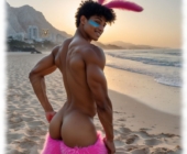 Dunkelhäutiger Twink im Bunny-Kostüm, Rückenansicht, praller Po leicht nach hinten gedrückt. Dunkelhäutiger Twink im Bunny-Kostüm, Rückenansicht, praller Po leicht nach hinten gedrückt.