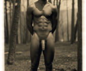 Vintage-Dunkelhäutiger Mann im Wald, Frontal, Hände auf Rücken, prächtiges Juwel der Liebe hängt nach unten. Vintage-Dunkelhäutiger Mann im Wald, Frontal, Hände auf Rücken, prächtiges Juwel der Liebe hängt nach unten.