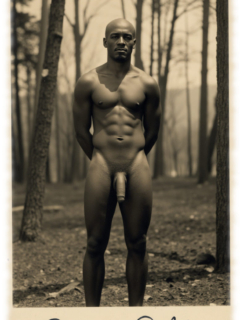 Vintage-Dunkelhäutiger Mann im Wald, Frontal, Hände auf Rücken, prächtiges Juwel der Liebe hängt nach unten. Vintage-Dunkelhäutiger Mann im Wald, Frontal, Hände auf Rücken, prächtiges Juwel der Liebe hängt nach unten.