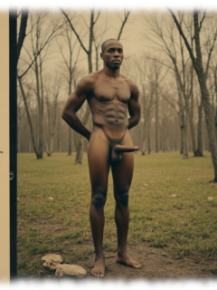 Vintage-Dunkelhäutiger Mann im Wald, Hände auf Rücken, erhabene Statue steil nach vorn, Lebensperlen darunter. Vintage-Dunkelhäutiger Mann im Wald, Hände auf Rücken, erhabene Statue steil nach vorn, Lebensperlen darunter.