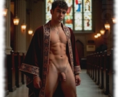 Junger Mann in Kirche stehend. zeigt seinen Herold der Liebe. Junger Mann in Kirche stehend. zeigt seinen Herold der Liebe.