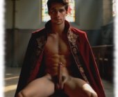 Junger Mann in Kirche sitzend. Hände nach hinten, mit steil aufgerichtetem Luststab. Junger Mann in Kirche sitzend. Hände nach hinten, mit steil aufgerichtetem Luststab.