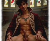 Junger Mann in Kirche sitzend. Hände auf Oberschenkel, zeigt breitbeinig seinen stolzen Schaft der Sehnsucht. Junger Mann in Kirche sitzend. Hände auf Oberschenkel, zeigt breitbeinig seinen stolzen Schaft der Sehnsucht.