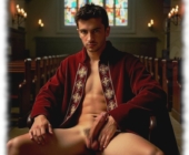 Mann in Kirche sitzend. Hand ruht im Lustpelz und stützt den erhobenen Glutzeiger. Mann in Kirche sitzend. Hand ruht im Lustpelz und stützt den erhobenen Glutzeiger.