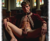 Mann breitbeinig in Kirche sitzend. Beine leicht angezogen mit aufgerichtetem Verlangen. Mann breitbeinig in Kirche sitzend. Beine leicht angezogen mit aufgerichtetem Verlangen.