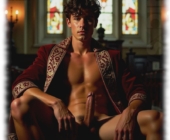 Mann breitbeinig in Kirche sitzend. Hände auf den Oberschenkeln, aufgerichtete Kraft im Halbschatten. Mann breitbeinig in Kirche sitzend. Hände auf den Oberschenkeln, aufgerichtete Kraft im Halbschatten.