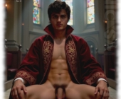 Mann breitbeinig in Kirche sitzend. Hände auf den Knien, zeigt sein Juwel der Liebe. Mann breitbeinig in Kirche sitzend. Hände auf den Knien, zeigt sein Juwel der Liebe.