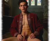 Junger Mann mit Hand an seinem harten Liebesstab und den Traumperlen breitbeinig in Kirche sitzend. Junger Mann mit Hand an seinem harten Liebesstab und den Traumperlen breitbeinig in Kirche sitzend.