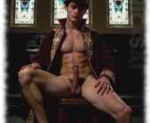 Junger Mann mit hartem Fels des Begehrens und prallen Lustperlen, breitbeinig in Kirche sitzend. Junger Mann mit hartem Fels des Begehrens und prallen Lustperlen, breitbeinig in Kirche sitzend.