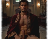 Mann mit erhobenen Schaft, Hand an den Mondperlen, in Kirche sitzend. Mann mit erhobenen Schaft, Hand an den Mondperlen, in Kirche sitzend.