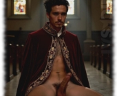 Mann mit aufgerichtetem Verlangen und Schicksalszwillingen in Kirche sitzend. Mann mit aufgerichtetem Verlangen und Schicksalszwillingen in Kirche sitzend.