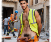 Braungebrannter Bauarbeiter steht mit offener Hose, zeigt seine lange Zauberlanze und die prallen Goldenen Zwillinge. Braungebrannter Bauarbeiter steht mit offener Hose, zeigt seine lange Zauberlanze und die prallen Goldenen Zwillinge.