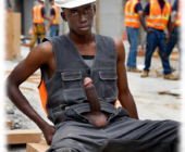 Dunkelhäutiger Bauarbeiter auf Bretter sitzend öffnet Hose, harter Schöpferstab tritt steil empor. Dunkelhäutiger Bauarbeiter auf Bretter sitzend öffnet Hose, harter Schöpferstab tritt steil empor.