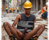 Dunkelhäutiger Straßenbauarbeiter mit Helm und Weste, Hände an den Perlen des Lebensbaums, Pose frech und provokant. Dunkelhäutiger Straßenbauarbeiter mit Helm und Weste, Hände an den Perlen des Lebensbaums, Pose frech und provokant.