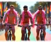 Drei junge Männer, auf Fahrrad, pinke Federboa und Pants, Straße in Regenbogen-Farben. Drei junge Männer, auf Fahrrad, pinke Federboa und Pants, Straße in Regenbogen-Farben.